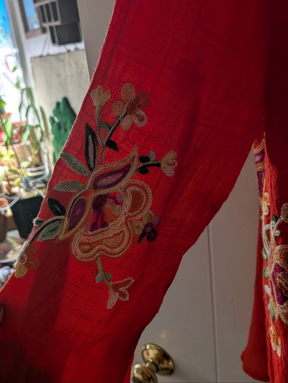 fig and flower Red Embroidered Floral Sleeve Top